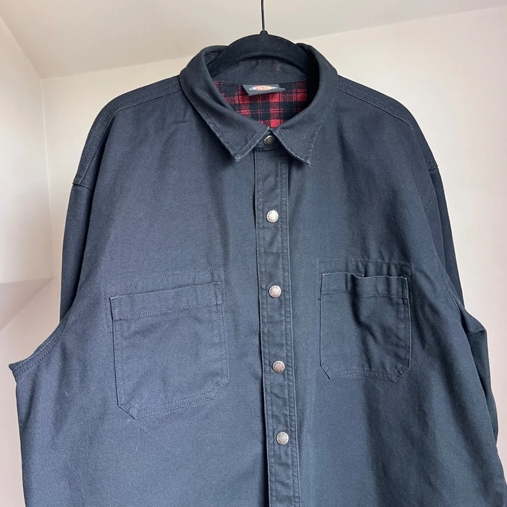 Dickies Flannel Lined Work Shirt XL Black Canvas Snap‎ Front Plaid Lined Jacket